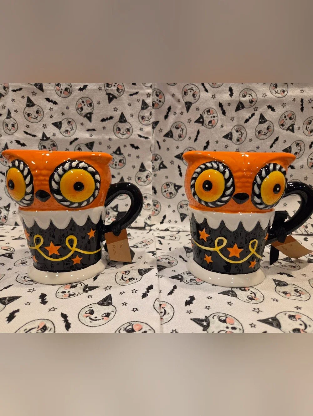 Pair of Johanna Parker Halloween Owl Ceramic Mugs - Orange, Black & Yellow